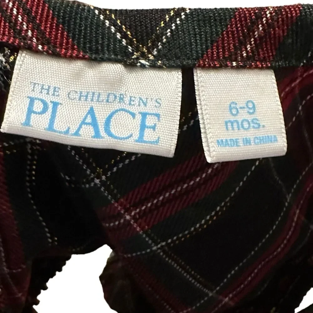 The Children's Place Red Tartan Plaid Sleeveless‎ Christmas Dress Bow 6-9M